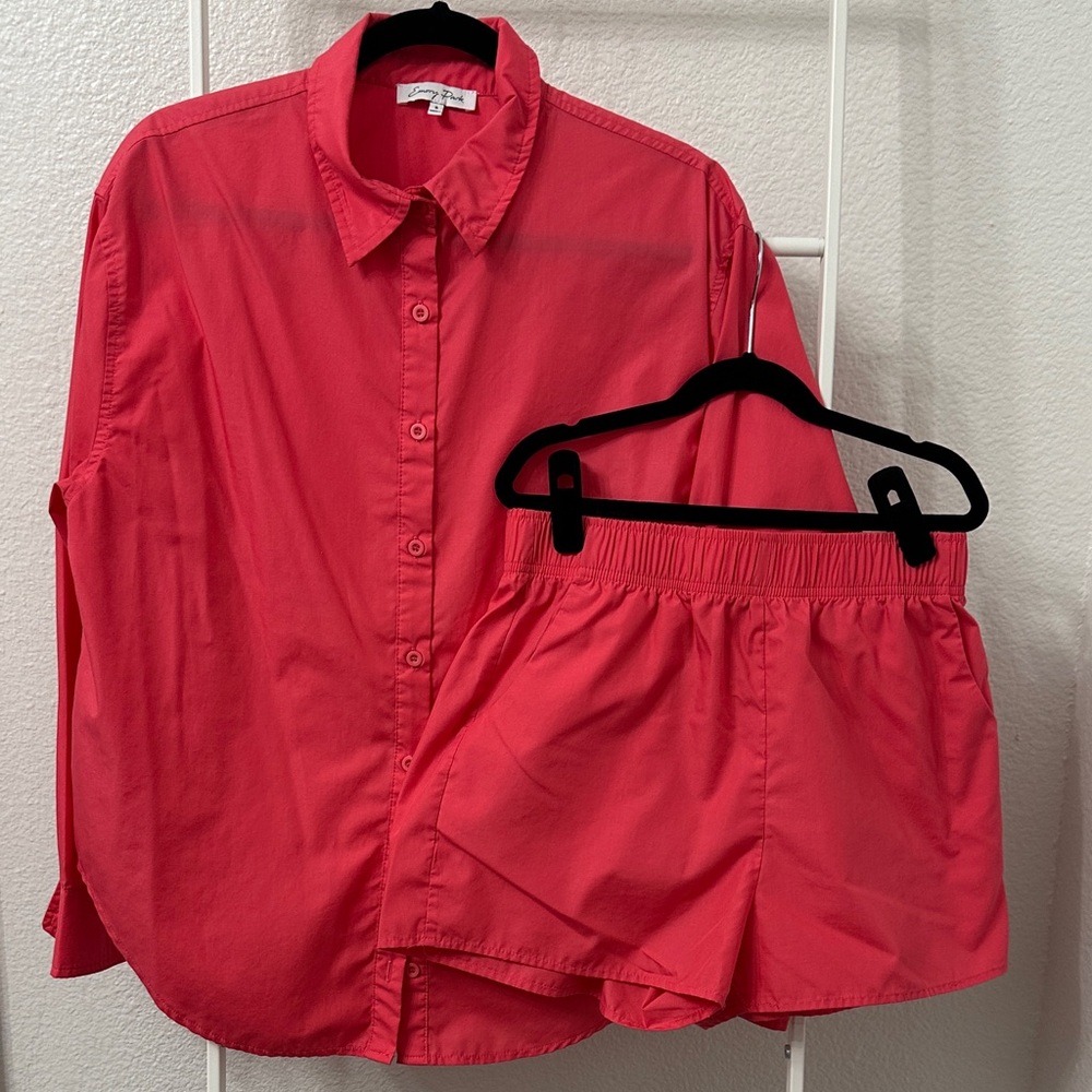 Coral Button-Up Shirt and Shorts Set